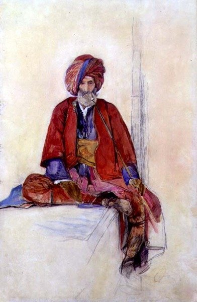 Estudo de um turco sentado fumando um cachimbo comprido, c.1841 (giz, aquarela e guache) de John Frederick Lewis