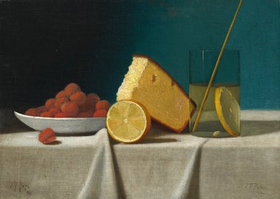 Natureza Morta com Bolo, Limão, Morangos, e Vidro, 1890. de John Frederick Peto