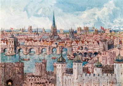 Ponte velha de Londres em 1386 (litografia a cores) de John Fulleylove