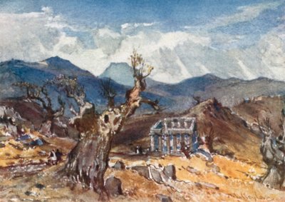 O Templo de Apolo em Bassae em Arcadia, com vista distante do Monte Ithome de John Fulleylove
