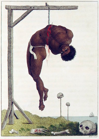 Uma pessoa negra pendurada viva pelas Costelas a uma Galinha, pub. 1796. de John Gabriel Stedman