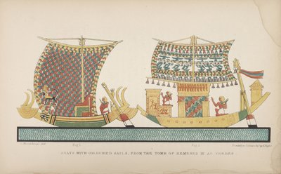 Barcos com velas coloridas, da Tumba de Remeses III em Tebas, ilustração de "Manners and Customs of the Ancient Egyptians ...", 1837-41 de John Gardner Wilkinson