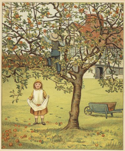 Crianças a apanhar maçãs no pomar (litografia a cores) de John George (after) Sowerby