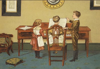 Crianças a ensaiar ao piano (cor litho) de John George (after) Sowerby