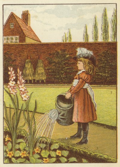 Garota regando o jardim (lito colorido) de John George (after) Sowerby