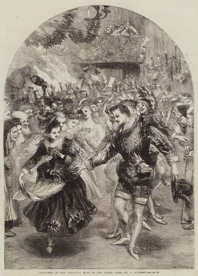 Natal no Baronial Hall no Olden Time de John Gilbert
