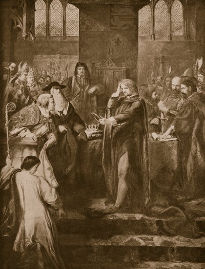 Rei Ricardo II renunciando a coroa a seu primo Bolingbroke, ilustração da "História da Nação Britânica" de Hutchinson, c.1920 de John Gilbert