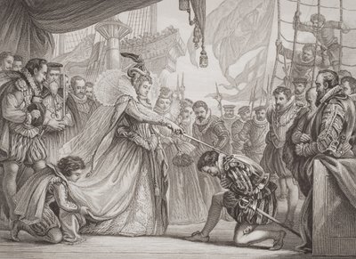 Rainha Elizabeth I (1530-1603), cavaleiro Francis Drake (1540-96), de "Ilustrações da História Escocesa e Inglesa", Volume I de John Gilbert