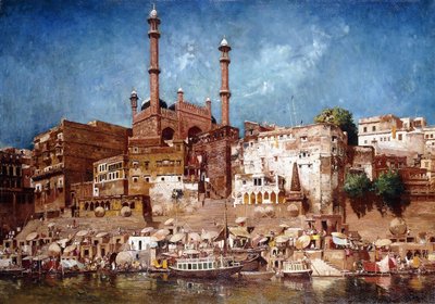 Uma vista dos Ghats com a mesquita de Aurangzeb, Benares de John Gleich