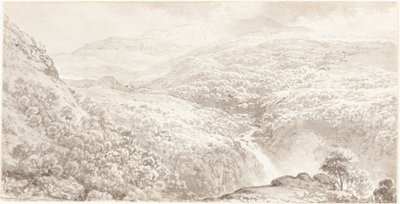Um vale de montanha com uma cachoeira de John Glover