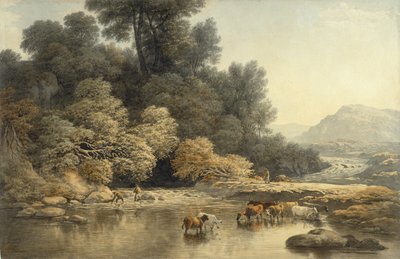 Paisagem montanhosa com rio e gado, c.1810 (wc sobre grafite em papel wove) de John Glover