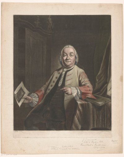 Retrato de Simon Fokke com na mão a impressão do saque da casa de Gerrit Hagedooren, 1751 de John Greenwood