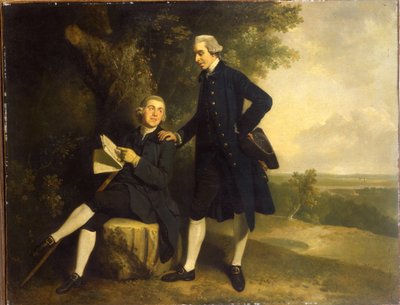 Retrato duplo de Thomas Somers Cocks e Richard Cocks de Castleditch, ambos pequenos de corpo inteiro, o antigo de casaco azul e colete segurando um tricolor preto, o último sentado em um casaco azul e colete segurando um manuscrito, em uma paisagem, de John Hamilton Mortimer