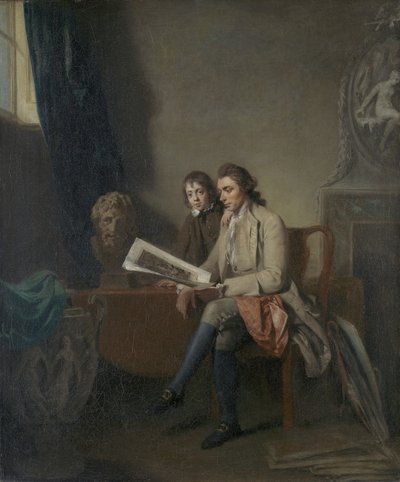Retrato de um homem e um menino olhando para impressões, c.1765-70 de John Hamilton Mortimer
