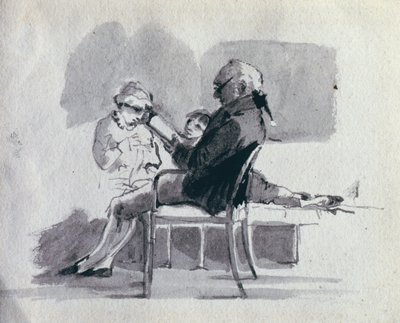Um pai lendo para seus filhos (caneta e tinta no papel) de John Harden