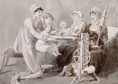 Uma mulher com sua família em uma roda de fiar (caneta e tinta lavar no papel) de John Harden
