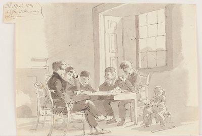Meninos lendo em Storrs, Elterwater, 1814 (caneta e tinta com papel lavado) de John Harden