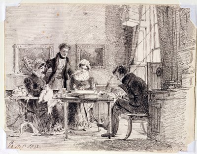 Grupo familiar de costura e leitura, 10 de outubro de 1823 (caneta e tinta sobre papel) de John Harden