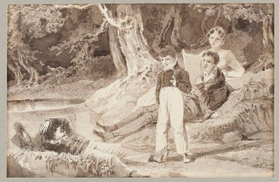 Quatro figuras entre as árvores em um dia quente, 1807 (wc no papel) de John Harden