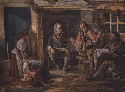 Grupo que inclui um soldado do lado de fora da porta de uma casa de campo (aguarela sobre papel) de John Harden