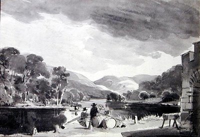 Paisagem com lago (caneta e tinta e lavagem em papel) de John Harden