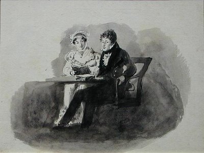 Leitura de homem e mulher (caneta e lavagem de tinta em papel) de John Harden