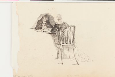Homem e mulher escrevendo em uma mesa (caneta e tinta no papel) de John Harden