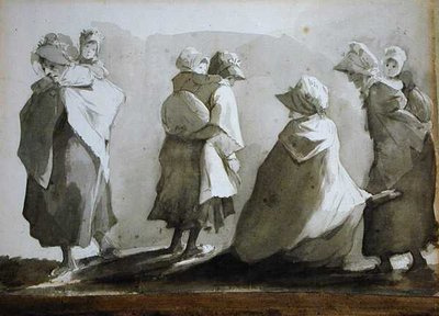 Mulheres Camponesas e Crianças (caneta e tinta lavada sobre papel) de John Harden