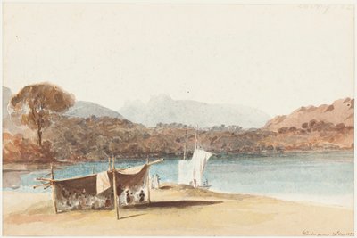 Piquenique sob abrigo pelo Lago Windermere, 1822 (wc no papel) de John Harden