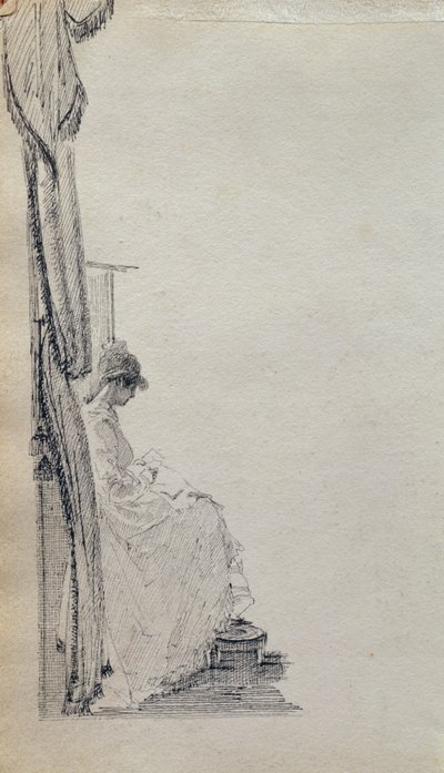 Lendo por uma janela (caneta e tinta no papel) de John Harden