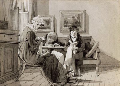 Social Interior no Brathay Hall, representando Jessy Harden, Rev. Owen Lloyd e H. Almack, c.1827 (tinta e papel) de John Harden