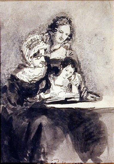 A Lição de Leitura (aguarela sobre papel) de John Harden
