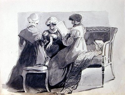 Three Women on a Sofa (caneta e lavagem de tinta em papel) de John Harden