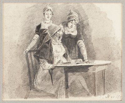 Três em uma mesa, uma sentada, 1807 (lápis e papel) de John Harden