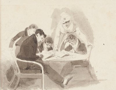 Dois meninos fazendo lição de casa, 1811 (wc no papel) de John Harden