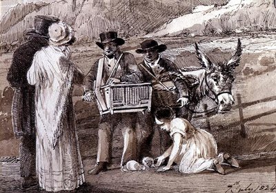 Dois homens a vender cobaias, um com um triturador de órgãos. de John Harden
