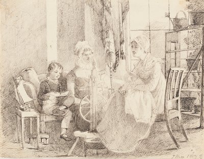 Mulheres na roda de fiar e um menino com um barco de brinquedo, 1807 de John Harden