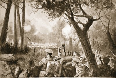 Ator-Lance-Corporal Barker ajudando uma festa, coletada por ele, para abrir uma trincheira de comunicação sob fogo pesado de metralhadora de John Harris Valda