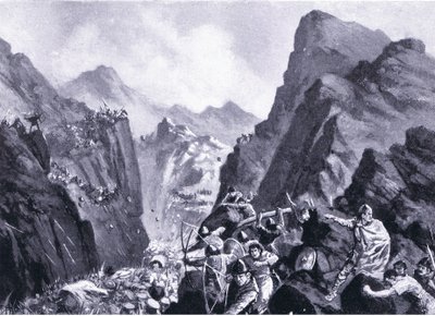 Aniquilação do exército grego, ilustração de Hutchinsons História das Nações VOL 4 c.1920s de John Harris Valda