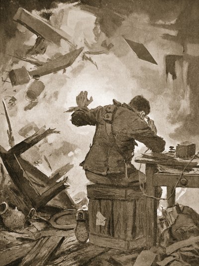 Bombardier French terminando sua mensagem depois de uma concha ter passado pela sala em que ele estava telefonando (litho) de John Harris Valda