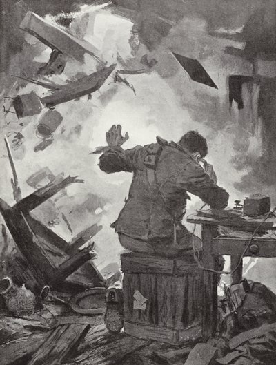 Bombardier WH Francês terminando sua mensagem depois de uma concha ter vindo através da sala em que ele estava telefonando, Helpegarde, Primeira Guerra Mundial de John Harris Valda