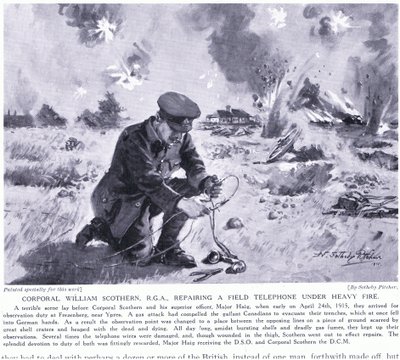 O cabo William Scothern RGA consertando um telefone de campo sob fogo pesado foi premiado com o DCM Ypres em maio de 1915 de John Harris Valda