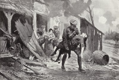 Artilheiro J Rafferty carregando uma mulher ferida para a segurança de uma fazenda que estava sendo bombardeada, a Primeira Guerra Mundial de John Harris Valda