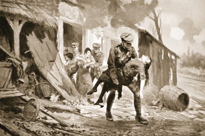 Gunner Rafferty carregando uma mulher ferida de uma casa de fazenda que estava sendo descascada (litho) de John Harris Valda