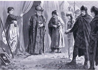 Ivan Shishman III entrega a sua irmã ao Sultão Murad I, AD1366, da História das Nações de Hutchinson (Volume 4) publicado por Hutchinson, c. 1920 (litho) de John Harris Valda