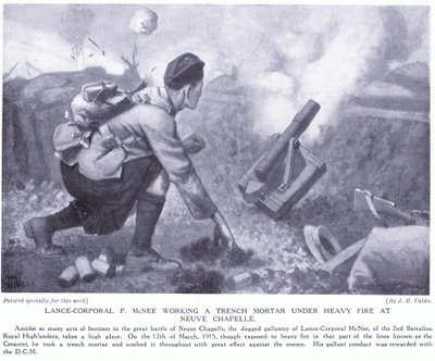 Lance Corporal P McNee trabalhando em um morteiro sob forte fogo na Neuve Chapelle de John Harris Valda