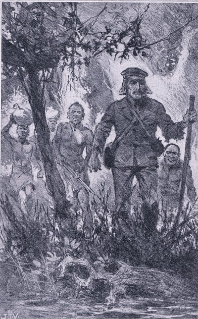 Livingstone disparou contra o leão, mas o leão atacou-o, mordeu-lhe o ombro e partiu-lhe o braço esquerdo, Newnes Pictorial Knowledge publicado por Newnes, c.1950