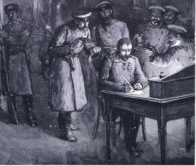 Príncipe Alexander assinando sua abdicação em 1886, ilustração de Hutchinsons História das Nações VOL 4 c.1920s de John Harris Valda