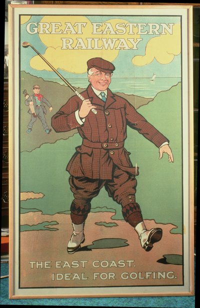 A Costa Leste: Ideal para a prática do Golfe. Cartaz para o Grande Caminho-de-ferro do Leste de John Hassall