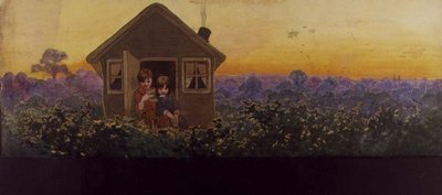 As copas das árvores ao pôr do sol um ano depois: Peter na casinha com Wendy em sua visita anual de limpeza de primavera, ilustração para 